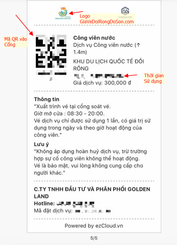 Mẫu vé QR khi đặt mua vé Đồi Rồng Online
